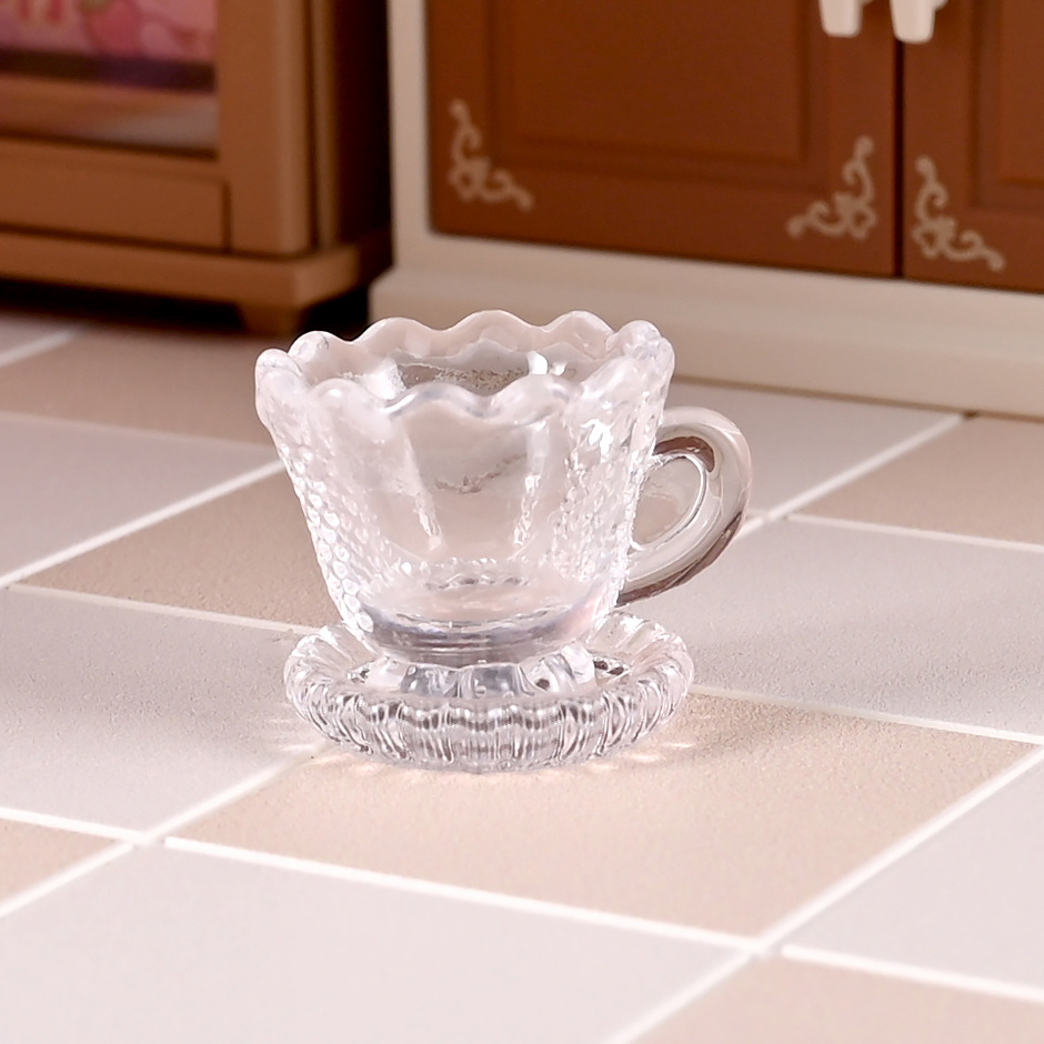 แก้วจิ๋วคิตตี้จำลองงานจริงอุปกรณ์สำหรับบ้านตุ๊กตา: ถ้วยและจานรองพิมพ์ใสขนาดเล็กสำหรับวางโชว์บนโต๊ะแบบ DIY และโมเดลฉากต่างๆ