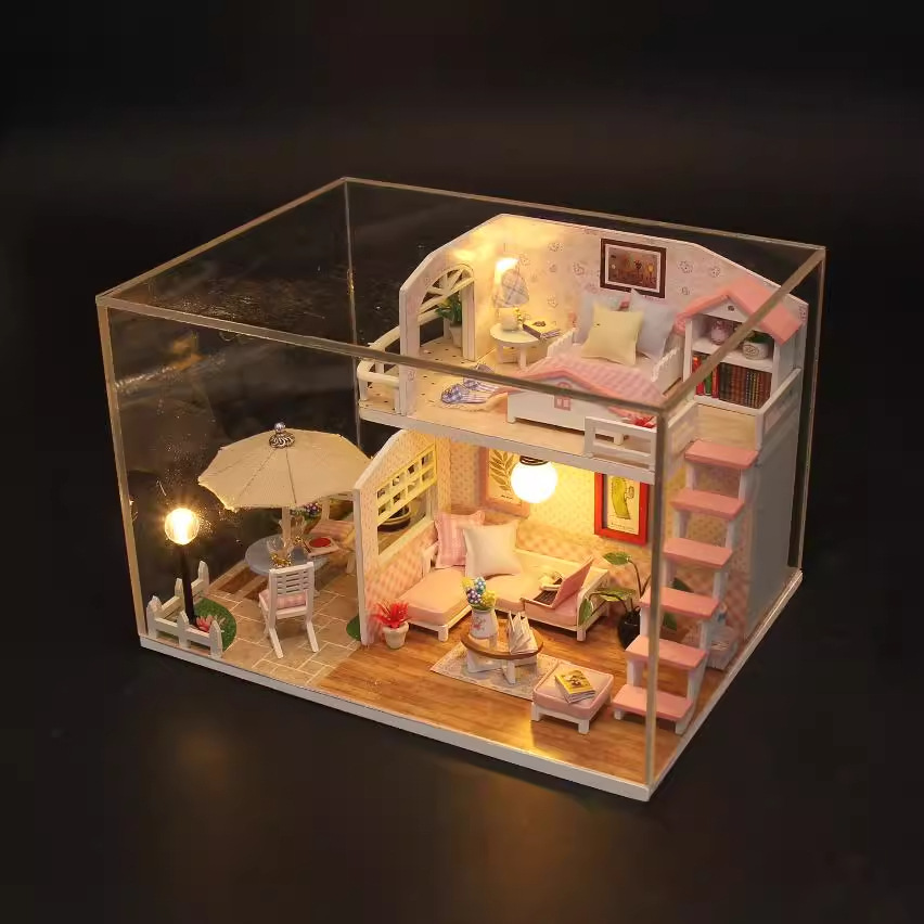 LOFT PINK MODELโมเดลบ้านจำลอง2ชั้นบ้านไม้สไตล์ลอฟท์แบบประกอบมือ โมเดลมินิวิลล่า DIY บ้านไม้ ของขวัญสร้างสรรค์