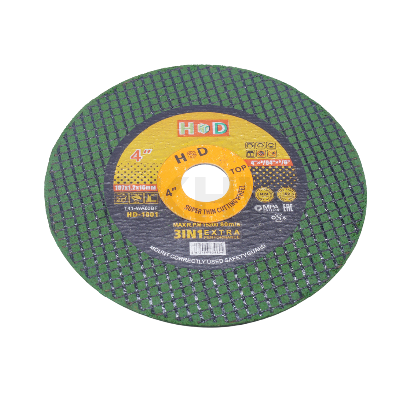 ใบตัดเหล็กบาง 4" ยี่ห้อ HD สำหรับตัดเหล็ก/สแตนเลส ตัดคม ตัดทน คุ้มค่า (ขนาด107x1.2x16mm) [ขายเป็นแพ็ค25ใบ/กล่อง100ใบ]