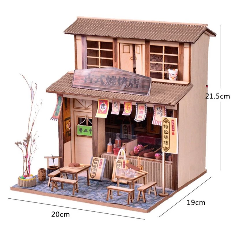 โมเดลจำลองร้านบาร์บีคิวโบราณจิ๋วสไตล์จีนญี่ปุ่นสำหรับนักDIYงานdollhouse BBQ MODEL BEST WOOD