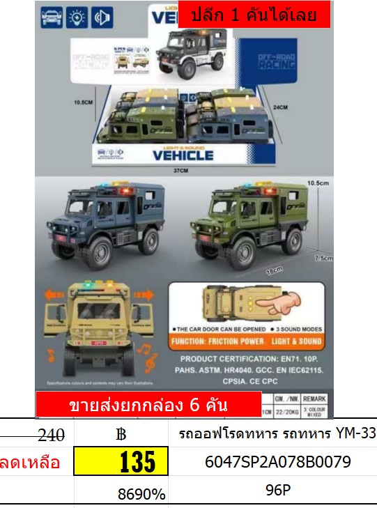 รถออฟโรดทหาร รถทหาร YM-33 รถทหาร ของเล่นรถมีเสียง รถออฟโรด