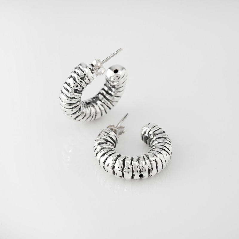 Wrinkle Hoop Earring 925 Sterling Silver Formed Light-Weight For Women.