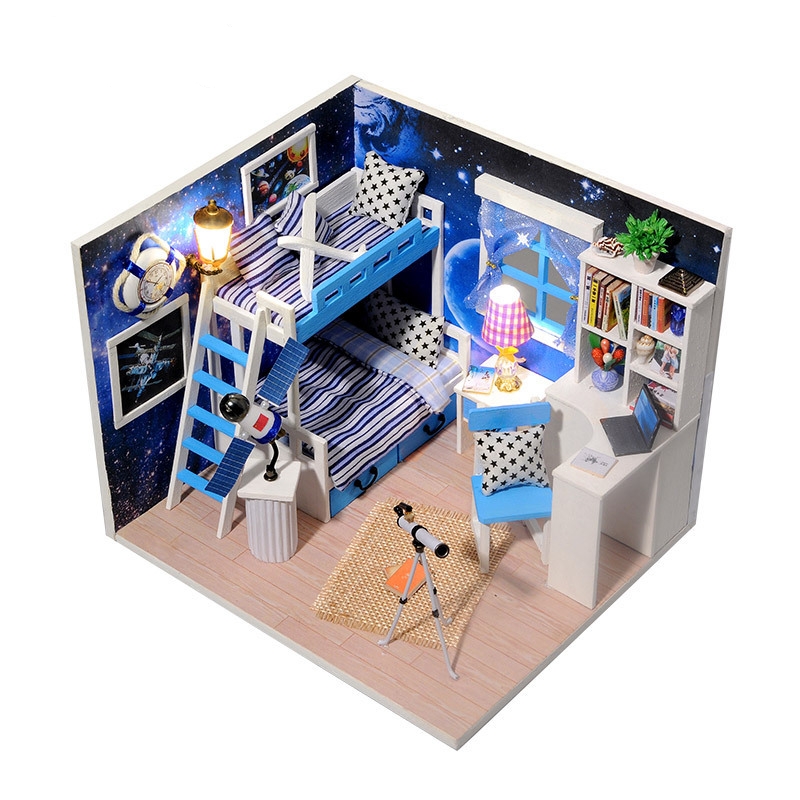 โมเดลบ้านจำลองสีฟ้าชุดDIY กระท่อมอวกาศในฝัน 3D สเตอริโอรุ่นประกอบของเล่นแสดงอุปกรณ์ประกอบฉากสร้างสรรค์ของขวัญวันเกิด