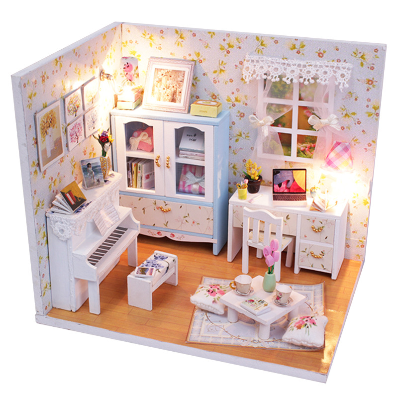 โมเดลบ้านจิ๋วจำลองห้องเปียโนพร้อมโต๊ะเขียนหนังสือสำหรับนักสะสมโมเดลต่างๆ