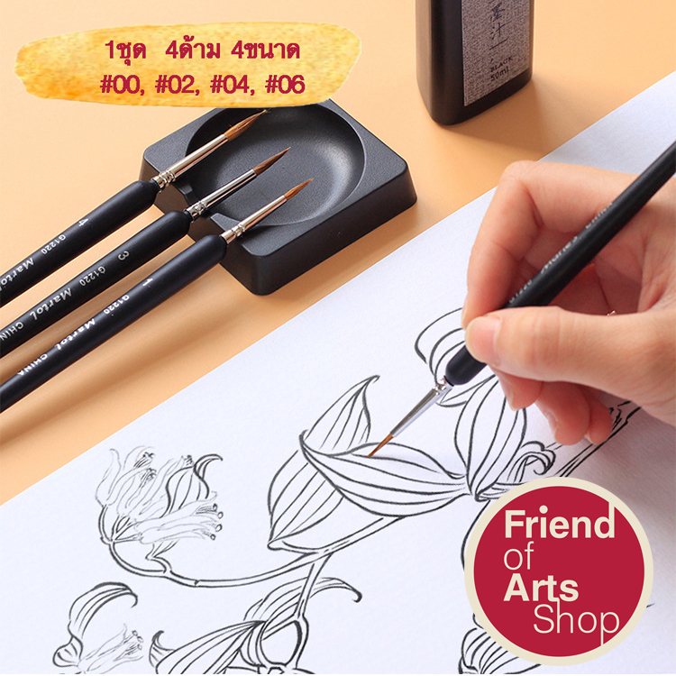 พู่กัน ชุด4ด้าม ปลายแหลม ขนาดเล็กพิเศษ #00, #2,#4, #6 สำหรับสีน้ำ สีอะคริลิก สีโปสเตอร์ สีน้ำมัน