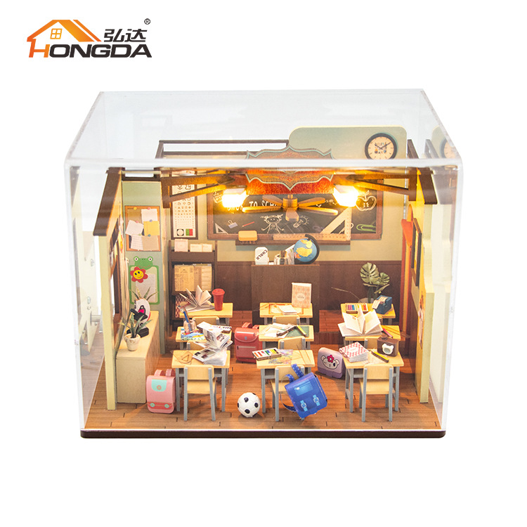 Hongda diy ห้องโดยสารตุ๊กตาทำมืออายุไร้เดียงสามินิ 3D อาคารประกอบห้องเรียนไม้แบบจำลองห้องเรียน