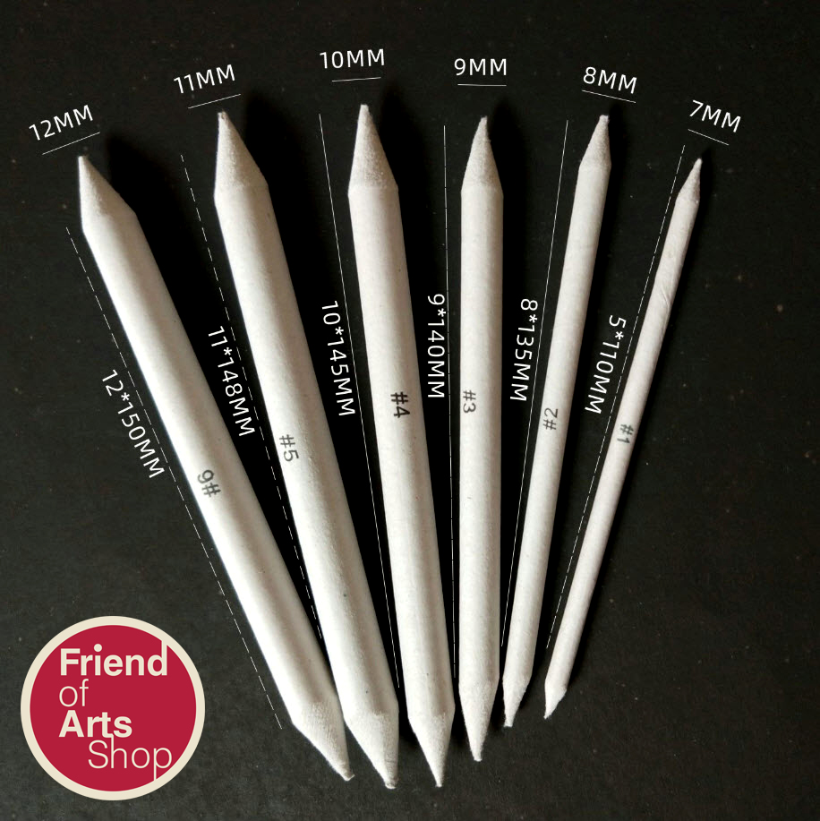 Tortillions Sketch (Blending Stumps) แท่งกระดาษอัด ใช้เกลี่ยลายดินสอหรือเกลี่ยสี Pastel Charcoal เพื่อสร้างเอฟเฟคเพื่อให้เฉดสีอ่อนนุ่ม ให้สร้างไฮไลท์ แสงเงาในชิ้นงาน