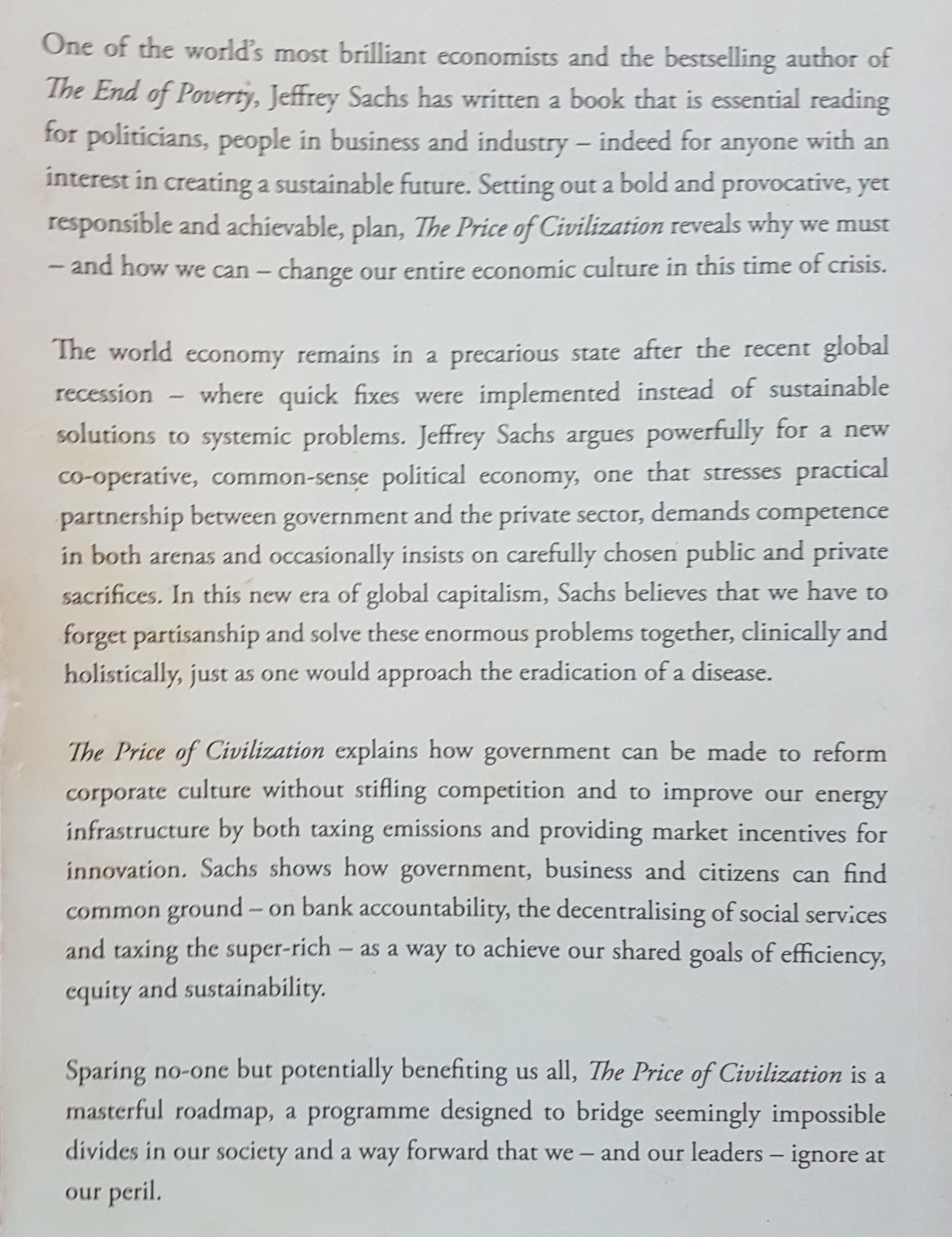 The Price of Civilization Economic and Ethics After the Fall by Jeffery Sachs