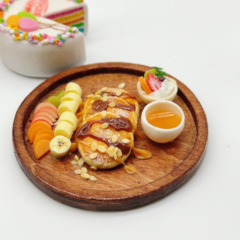 Pancake mixed fruit on wooden tray 65 mm., Miniature Fake Food made Thai clay