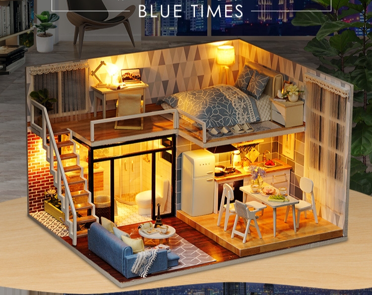 บ้านจำลอง2ชั้นสไตล์ญี่ปุ่นธีมสีฟ้าสำหรับนักประดิษฐ์และนักสะสมโมเดลยอดฮิต