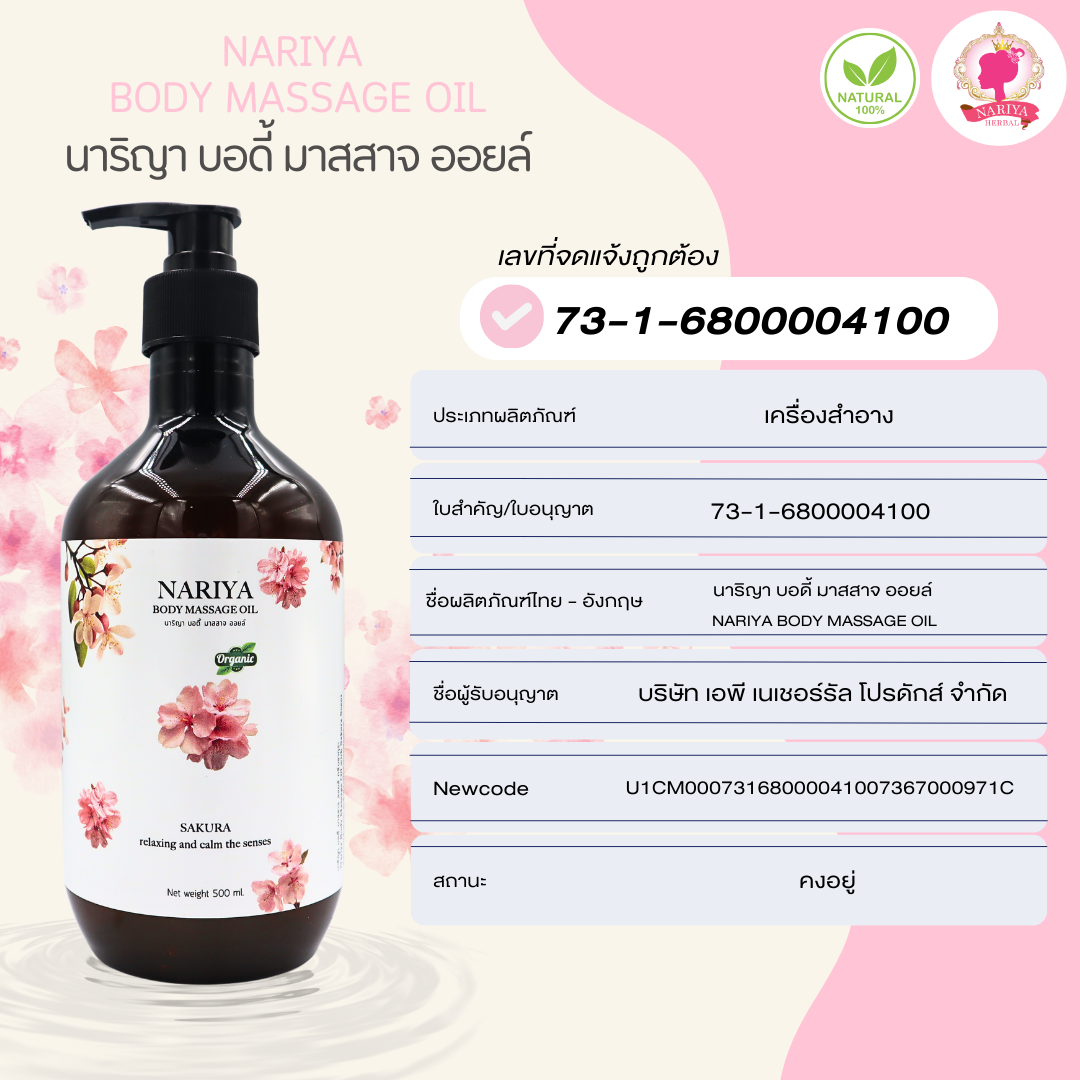 น้ำมันนวดอโรม่า Body Massage Oil กลิ่นซากุระ ขนาด 500 มิลลิลิตร น้ำมันนวด นวดผ่อนคลาย SKU-00220