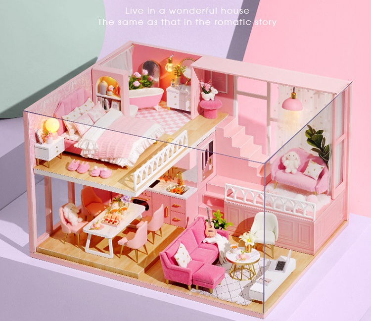 บ้านจำลองสองชั้นสีชมพูสไตล์คฤหาสน์เจ้าหญิงชุดMY LITTLE WARM MOMENTสำหรับนักประดิษฐ์บ้านจำลองและผู้ที่สะสมตุ๊กตาจิ๋ว