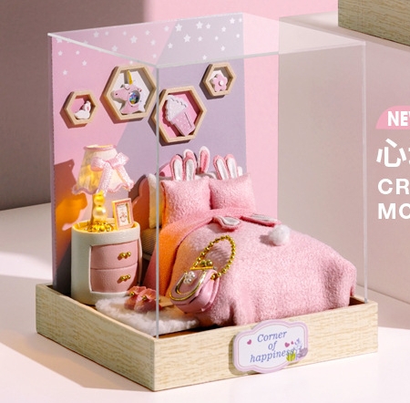 โมเดลจำลองบ้านตุ๊กตาจิ๋วสีชมพูสำหรับสายหวานแบบจำลองห้องนอนrabbit pink girl