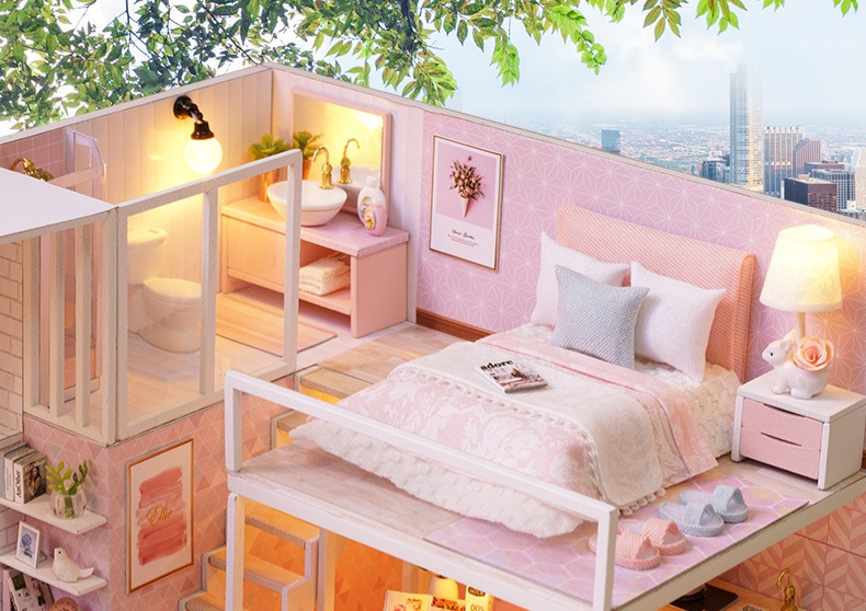 บ้านตุ๊กตาสีชมพูโมเดลจำลองบ้านจิ๋วสองชั้นบ้านในฝันชุด PINK MODERN LOFT
