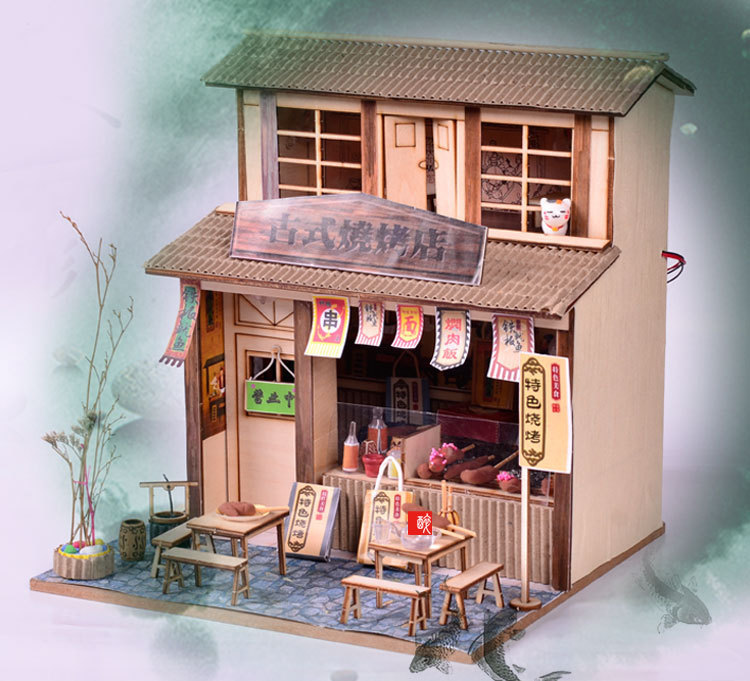 โมเดลจำลองร้านบาร์บีคิวโบราณจิ๋วสไตล์จีนญี่ปุ่นสำหรับนักDIYงานdollhouse BBQ MODEL BEST WOOD