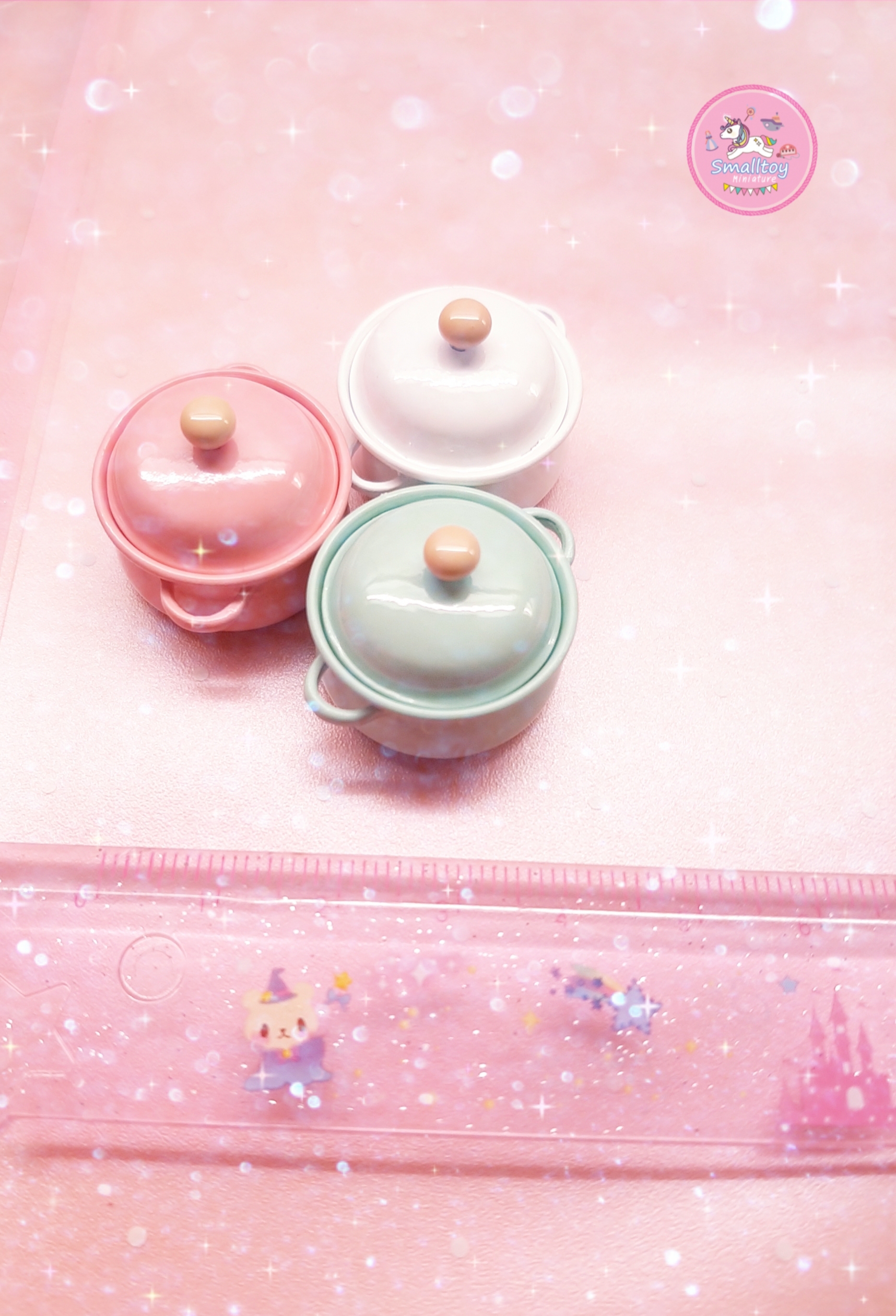 หม้อจิ๋วสีชมพูหวานแหววสำหรับผู้ที่ประดิษฐ์อาหารไทยจิ๋ว,ชุดข้าวแกงจิ๋ว,ก๋วยเตี๋ยวจิ๋วจากดินปั้นงานสะสมdollhouse