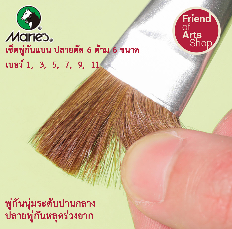 Marie's พู่กันแบน พู่กันปากแบน เซต6ด้าม ขนม้า นุ่มปานกลาง เบอร์ 1, 3, 5, 7, 9, 11 สำหรับสีน้ำมัน สีอะคริลิก สีน้ำ สีโปสเตอร์ สีGouache