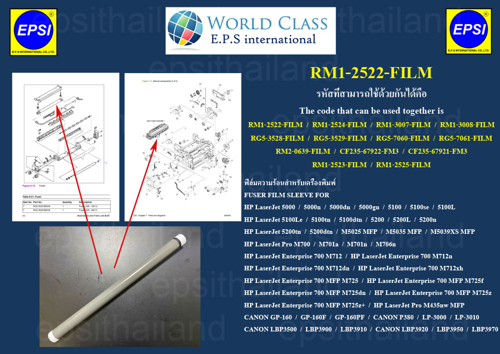 HP/CANON RM1-2522-FILM ฟิล์มความร้อน FUSER FILM SLEEVE FOR HP LASERJET 5000/5100/5200/M701/M706/M712/M725/M435/LBP3500/LBP3900 800 กรัม