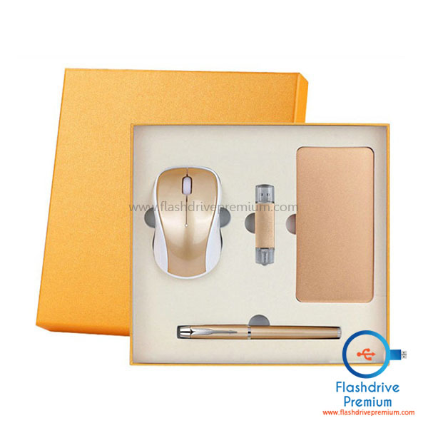Gift Set พรีเมี่ยมไอที 4 ชิ้น (แฟลชไดร์ฟ+เม้าส์ไร้สาย+พาวเวอร์แบงค์+ปากกา)