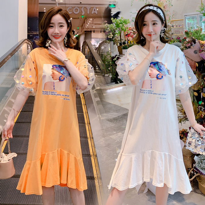preorder เดรสคนท้อง ชุดคนท้อง ชุดคลุมท้อง ชุดให้นม เดรสผ้ายืด แต่งดีเทลเก๋ๆ แขนแต่งมุ้งพองๆ ขาว ส้ม M L XL XXL