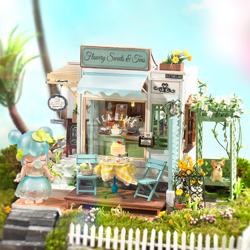 โมเดลบ้านจำลองชุดน้ำชายามบ่ายRuo state ใหม่ DIY กระท่อมไม้ทำด้วยมือรูปแบบบ้านศิลปะเวลาว่างน้ำชายามบ่ายของขวัญวันเกิดขณะนั้นดอกไม้บาน น้ำชายามบ่าย