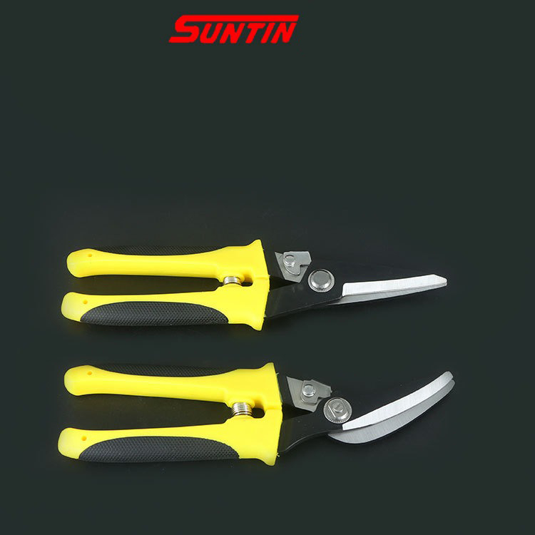 กรรไกรตัดอเนกประสงค์ ปากตรง ปากโค้ง SUNTIN ขนาด 8 นิ้ว ด้ามเหลืองดำ สำหรับ สำหรับตัดซีลาย สังกะสี อลูมิเนียม[ขายส่ง]
