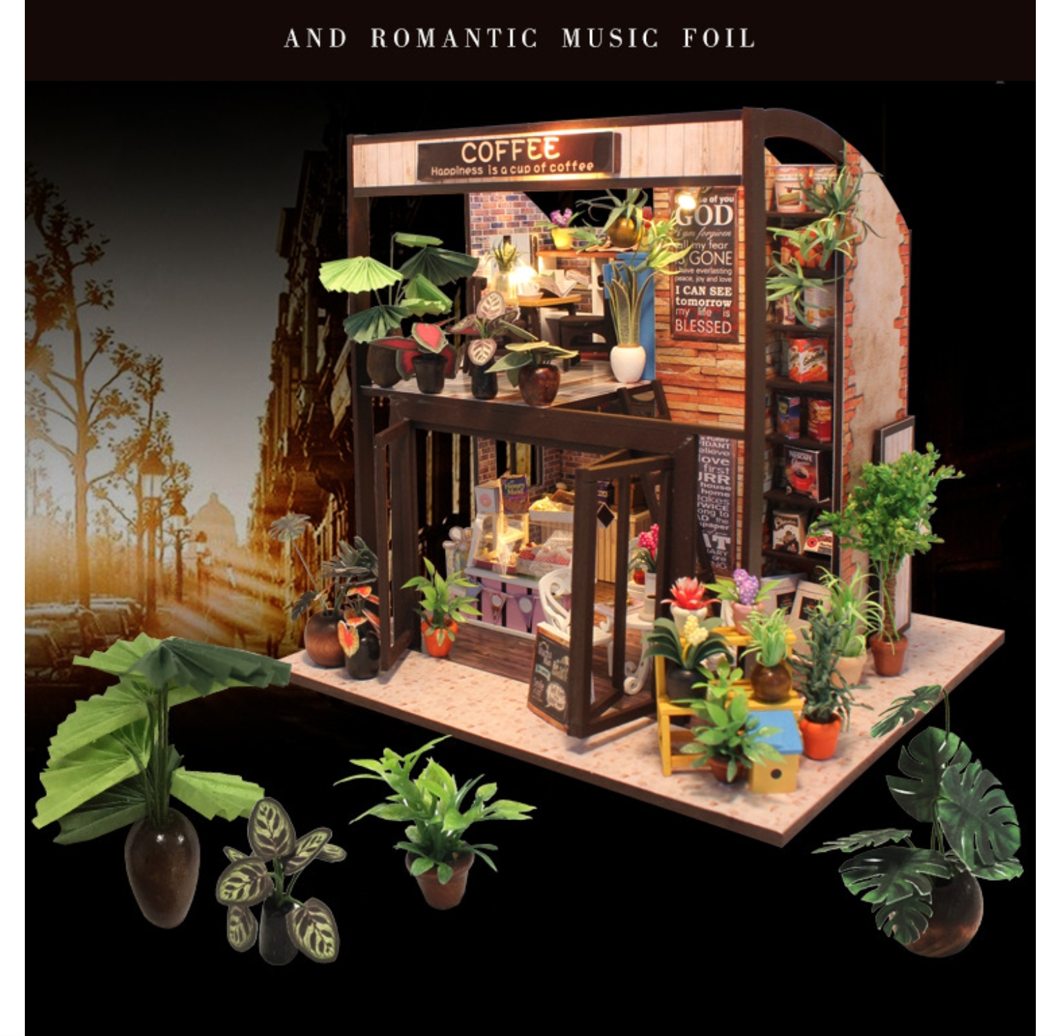 โมเดลจำลองcoffee cafe ร้านกาแฟจำลองสไตล์คาเฟ่ในสวนสวยแนวการ์เด้น