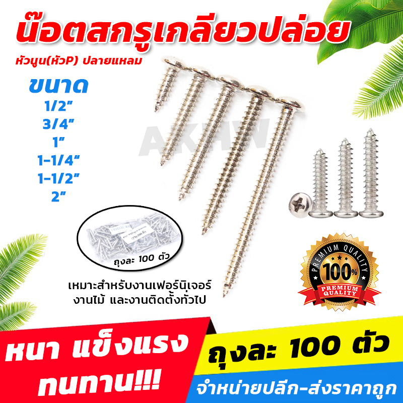 ตะปูเกลียวปล่อย หัวนูน P ปลายแหลม /น๊อตสกรูเกลียวปล่อย P ปลายแหลม (ถุง100ตัว) [ขายปลีก/ส่ง]