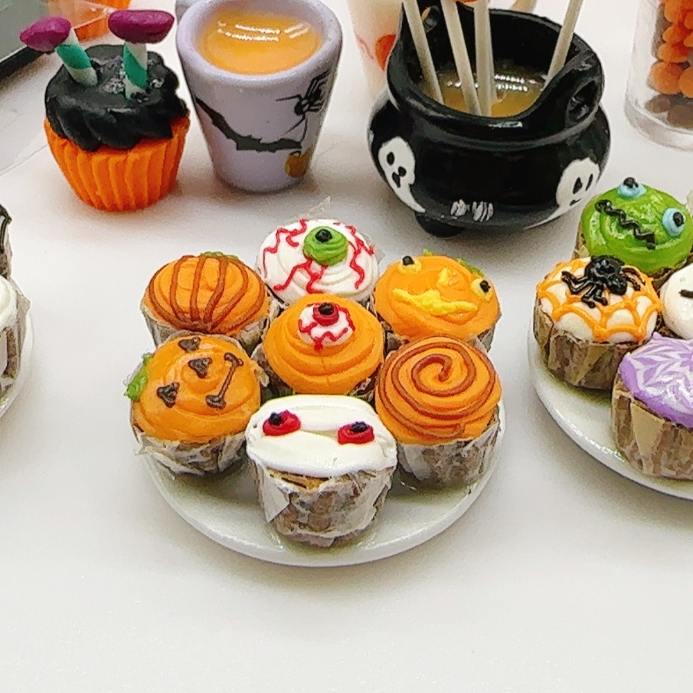 7 pieces/set Miniature Cupcake Halloween stick with plate 25 mm