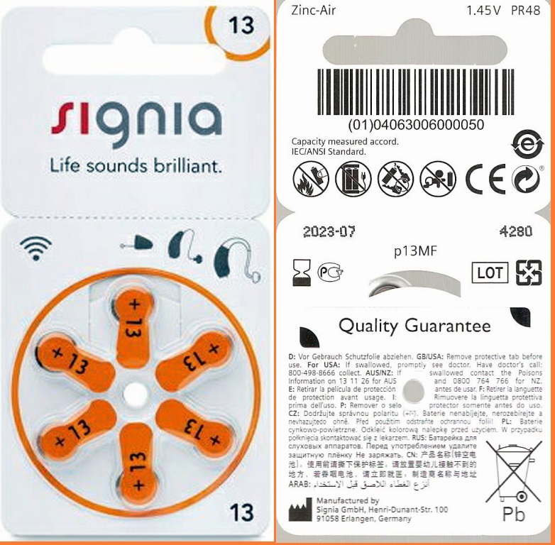 ถ่านเครื่องช่วยฟัง 13(สีส้ม)สดใหม่ ไฟเต็ม ของแท้