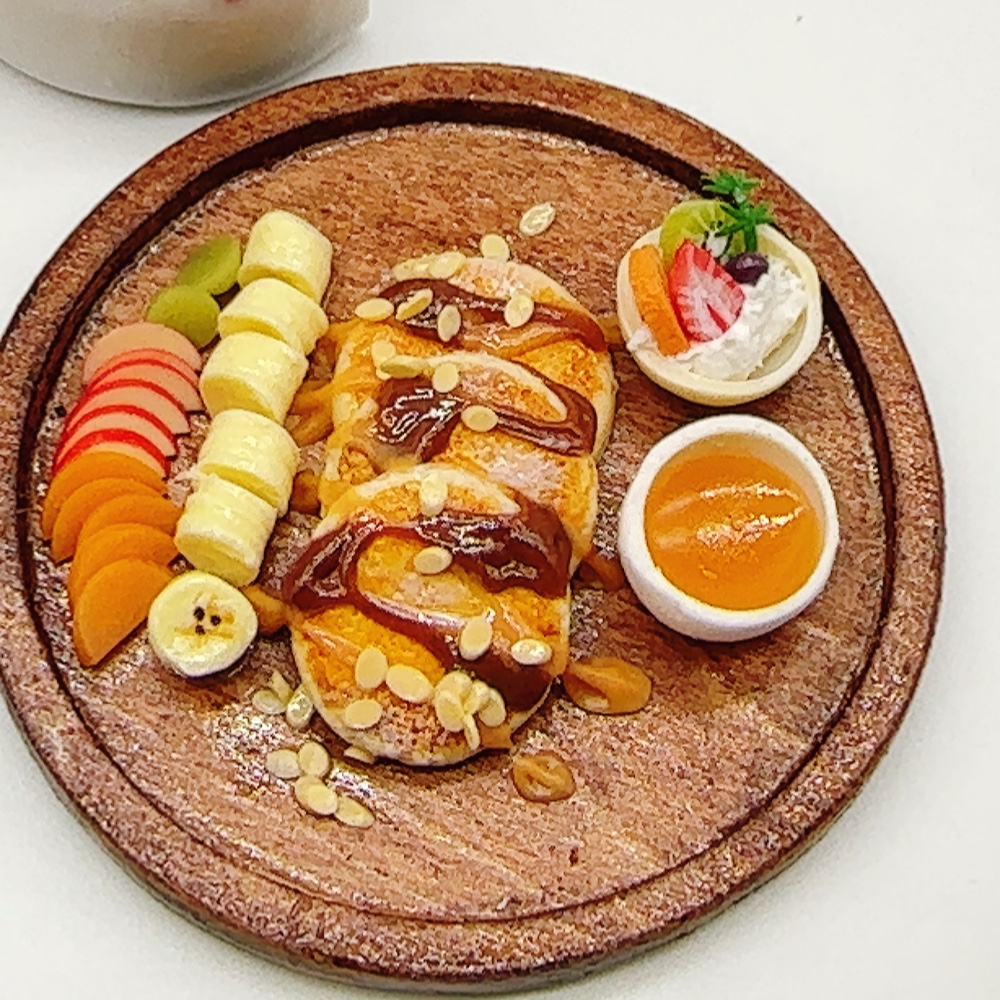 Pancake mixed fruit on wooden tray 65 mm., Miniature Fake Food made Thai clay