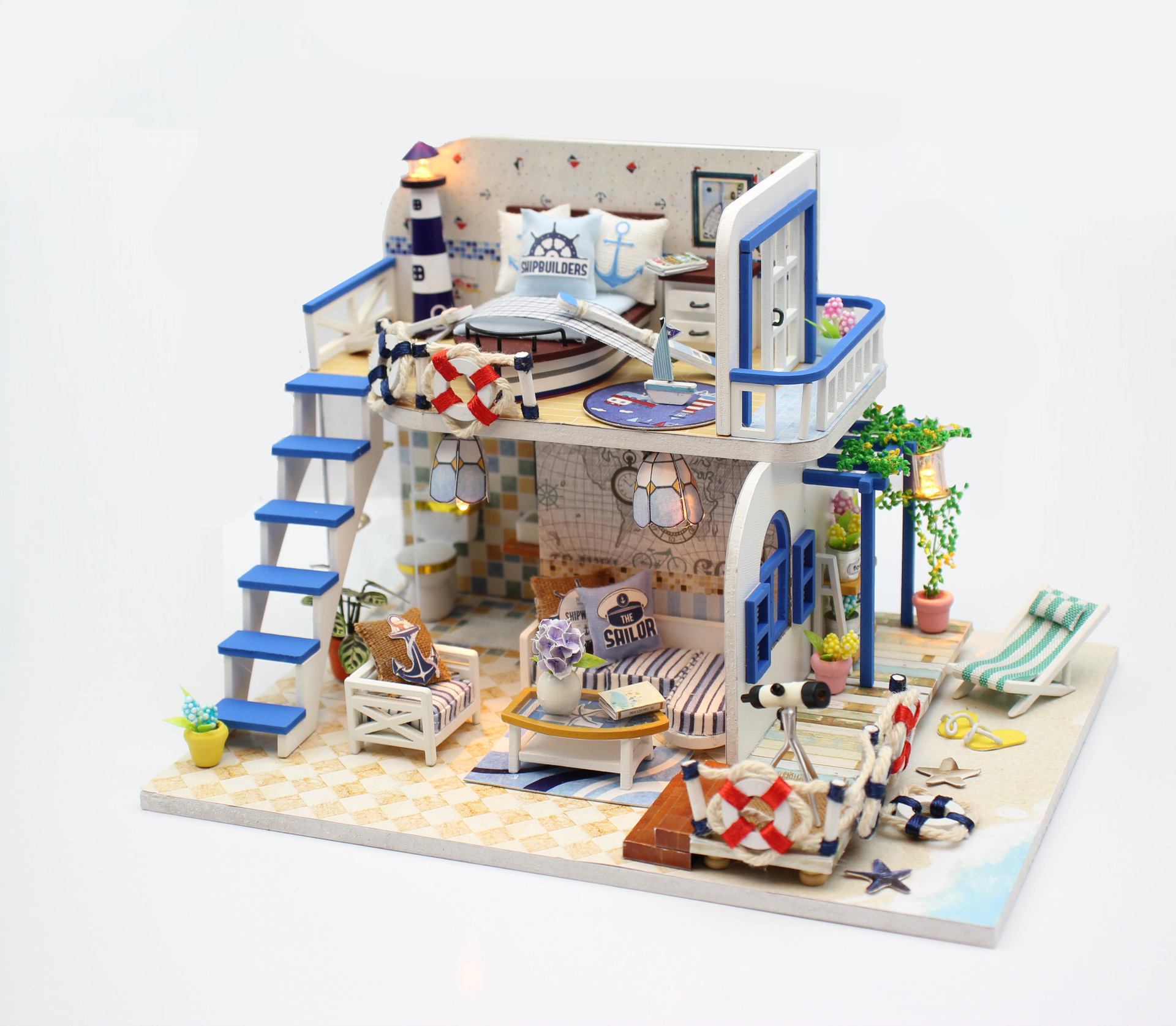 โมเดลบ้านจำลองบ้านชายทะเลชุดBlue Coastแฮนด์เมดสร้างสรรค์diyรุ่นของเล่นแสงสีฟ้าชายฝั่งสีชมพูบ้านสไตล์ลอฟท์ของขวัญวันวาเลนไทน์