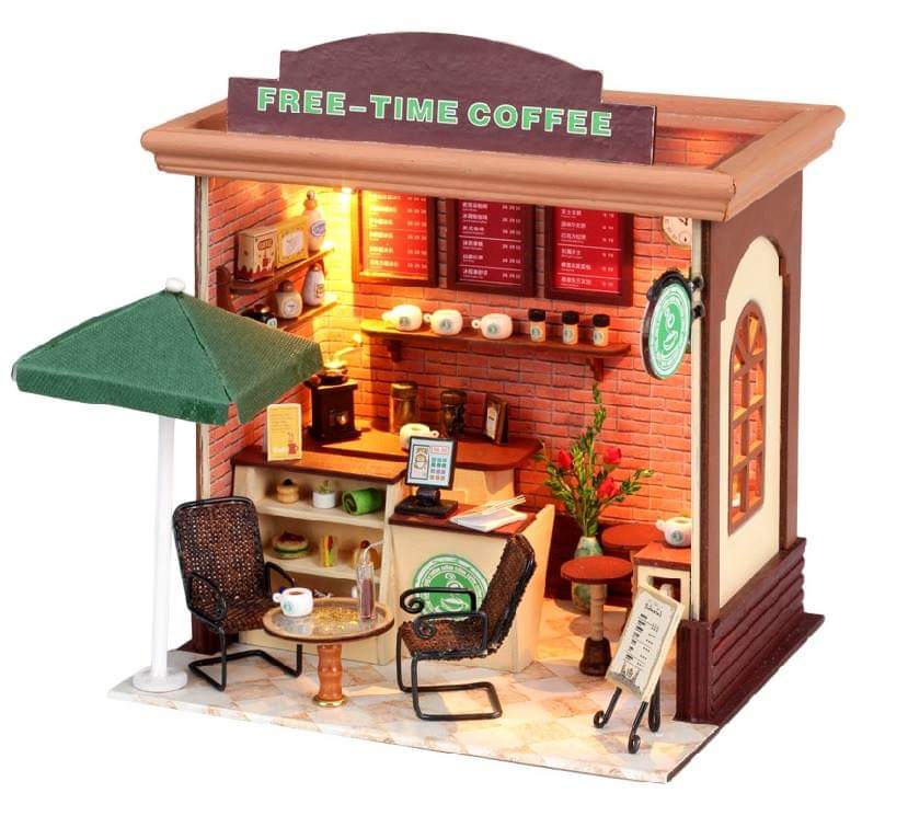 โมเดลจำลองร้านคาเฟ่กาแฟจิ๋วสไตล์ยุโรป ชุดfree time coffee สำหรับนักสะสมบ้านตุ๊กตาโดยเฉพาะ