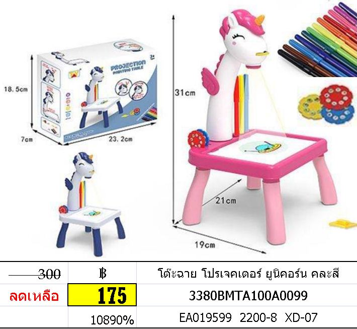 โต๊ะฉาย โปรเจคเตอร์ ยูนิคอร์น คละสี กระดานวาดรูป ไวท์บอร์ดเด็ก กระดานระบายสีเด็ก โต๊ะวาดรูป มีเสียงดนตรี โปรเจ็คเตอร์ Projector&Panting ทีทอยส์ ttoys