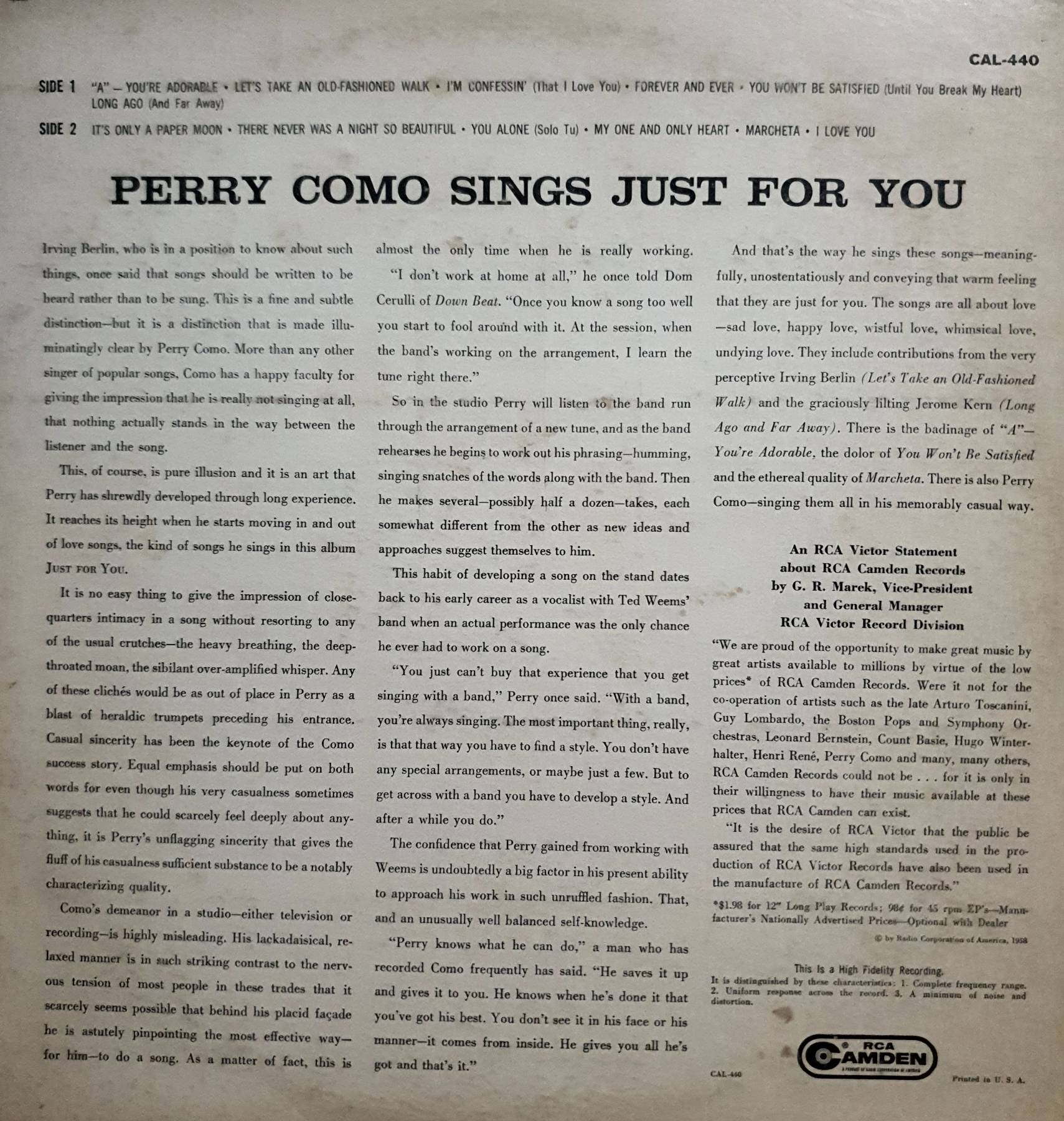 LP, Vinyl, Perry Como – Sings Just For You (1958s)