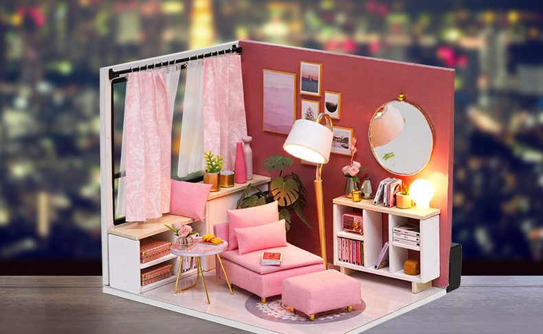 โมเดลห้องนั่งเล่นจำลองพร้อมโซฟาสีชมพูแสนหวานDINING IN THE DREAM