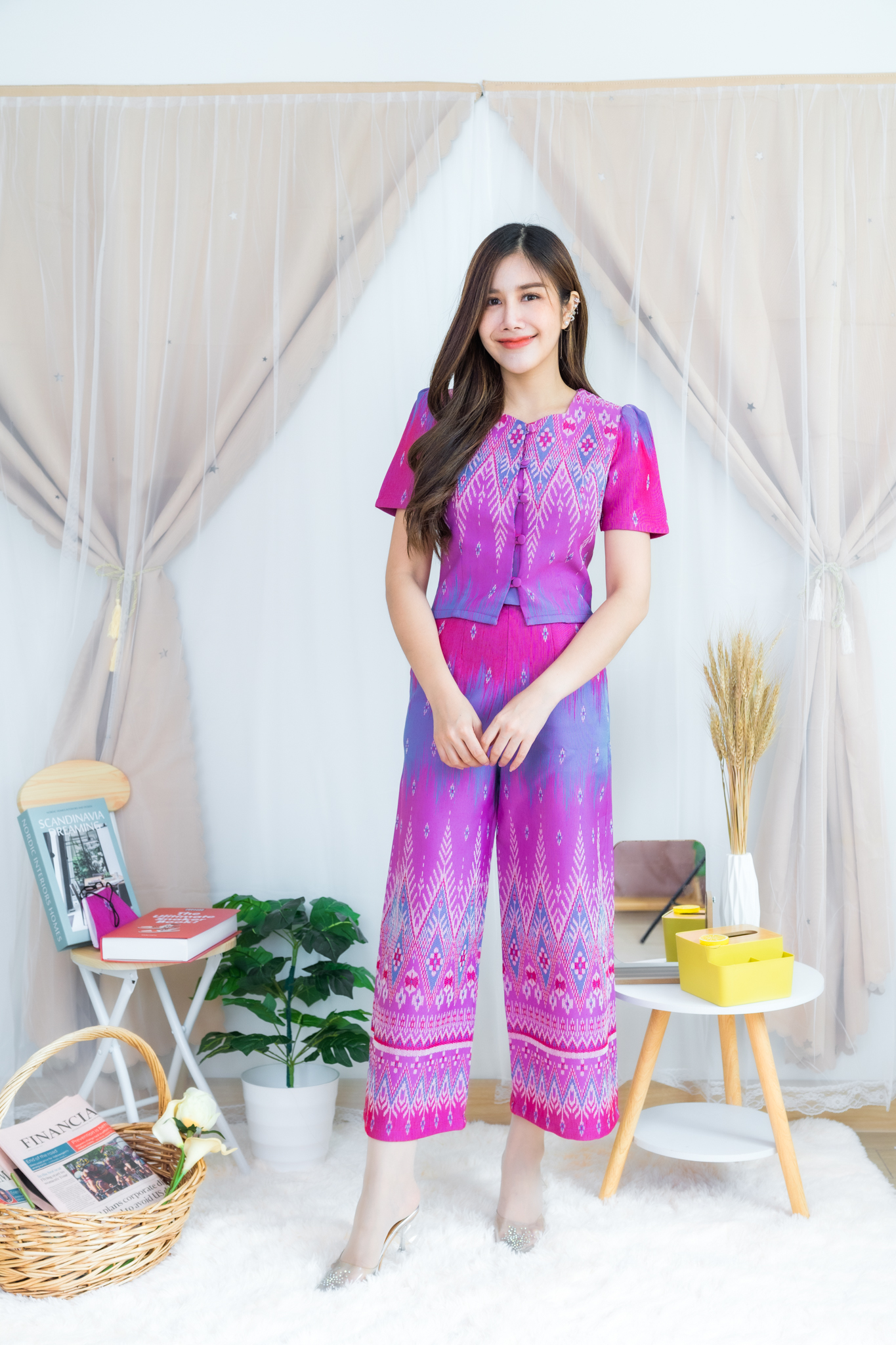 ชุดพลอยกาญ - สีม่วง+แมสเข้าชุด (ผ้าทอลายยกดอก)