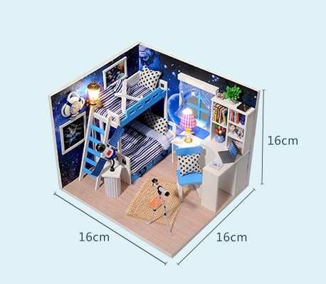 โมเดลบ้านจำลองสีฟ้าชุดDIY กระท่อมอวกาศในฝัน 3D สเตอริโอรุ่นประกอบของเล่นแสดงอุปกรณ์ประกอบฉากสร้างสรรค์ของขวัญวันเกิด