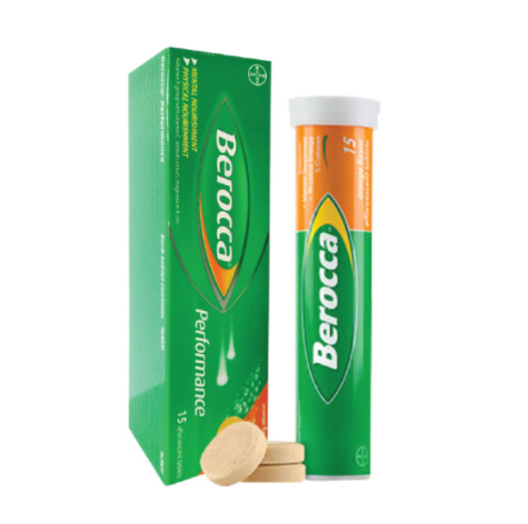BEROCCA PERFORMANCE บีรอคค่า เพอร์ฟอร์มานซ์ รสส้ม วิตามินเม็ดฟู่ 15เม็ด