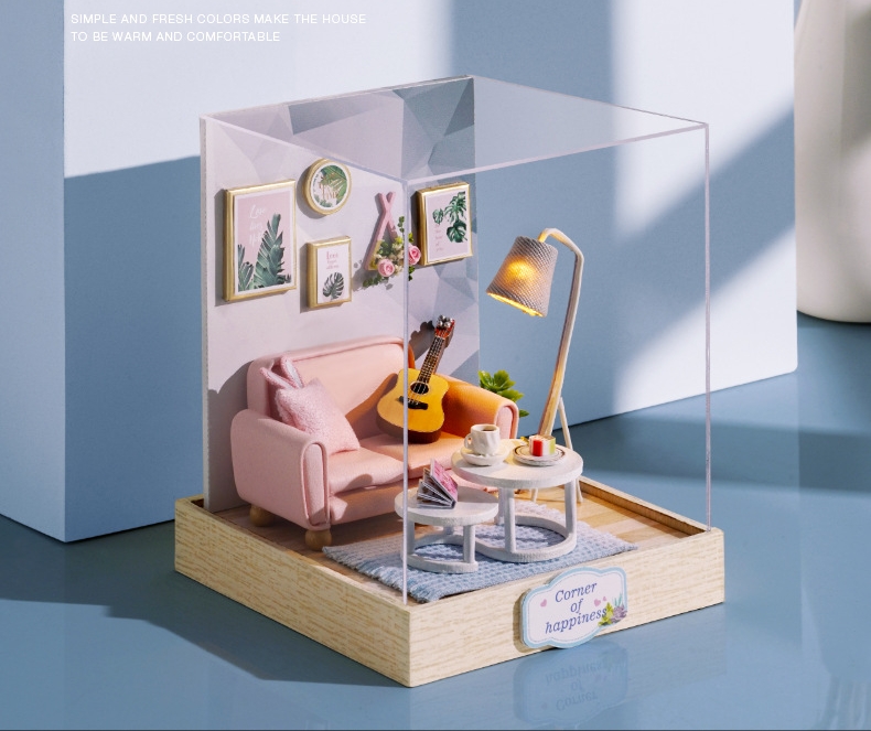 โมเดลห้องนั่งเล่นจิ๋วสำหรับงานตุ๊กตาdoll house diyในธีม Dining pink one guitar