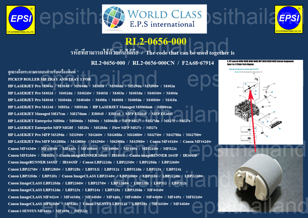 RL2-0656-000 ลูกยางดึงกระดาษถาดบน PICKUP ROLLER MP TRAY FOR HP LASERJET Pro M304/M305/M329/M402/M403/M404/M405/M426/M427/M428/M429/M501/M506/M527/IR1643/CANON LBP222/223/225/226/227/228/312/323/324/325/MF441/442/443/445/446/448/449/522 500 กรัม