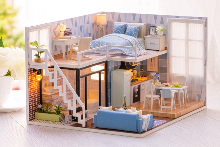 บ้านจำลอง2ชั้นสไตล์ญี่ปุ่นธีมสีฟ้าสำหรับนักประดิษฐ์และนักสะสมโมเดลยอดฮิต