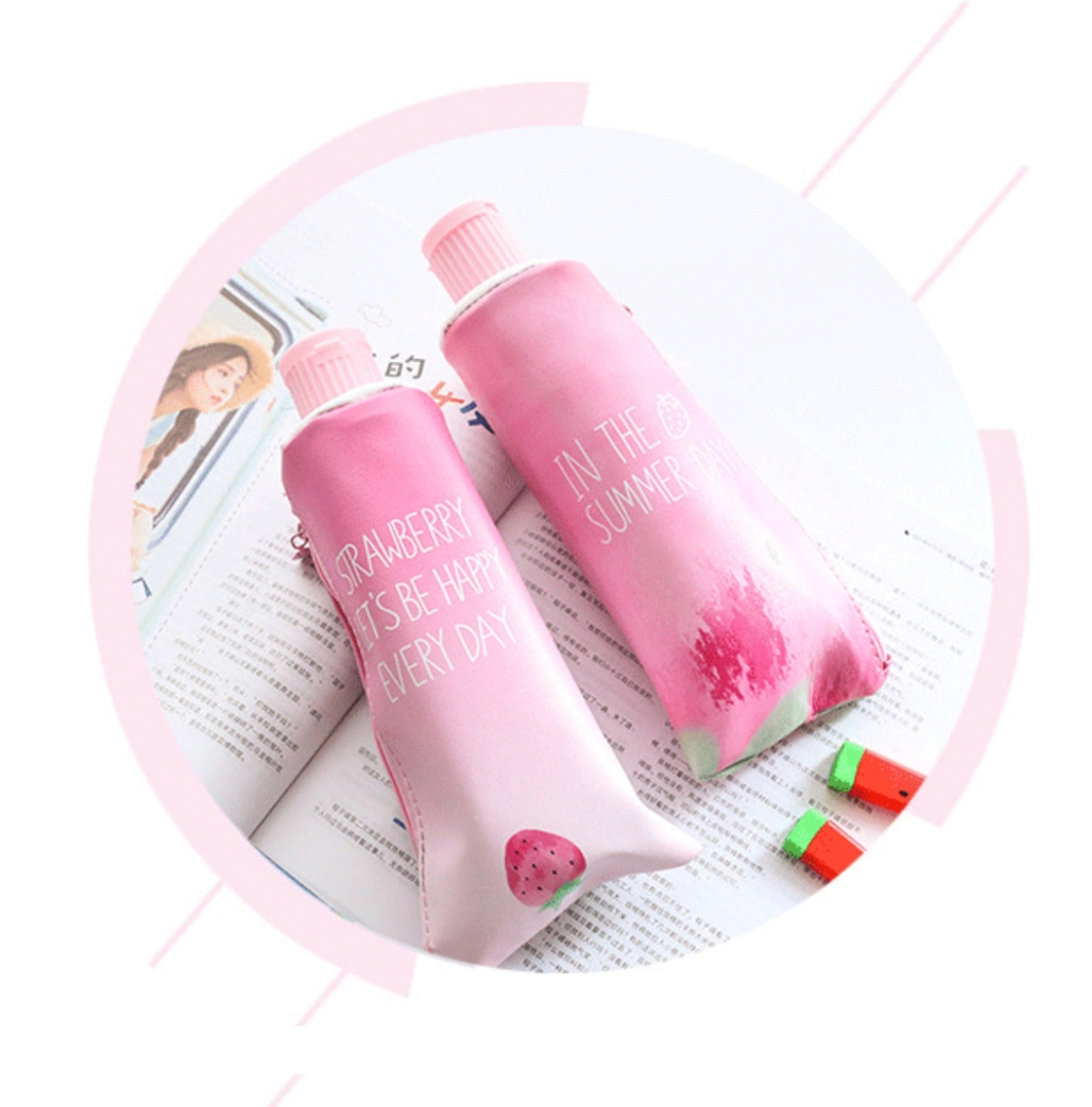 กระเป๋าดินสอสีชมพูสดใสด้วยลายสตอเบอรี่pinkในรูปหลอดยาสีฟันเก๋ไก๋