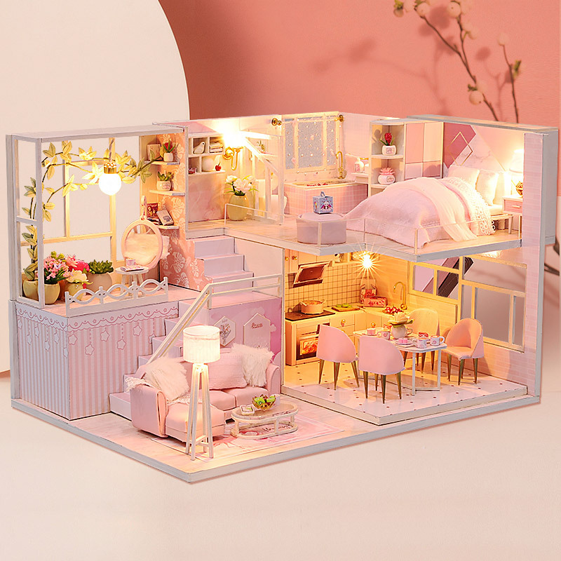 โมเดลจำลองบ้านสองชั้นสีหวานรุ่นhut model toy art house diy hut secret language creative gift ของขวัญวันเกิด ของเล่นเพื่อการศึกษา