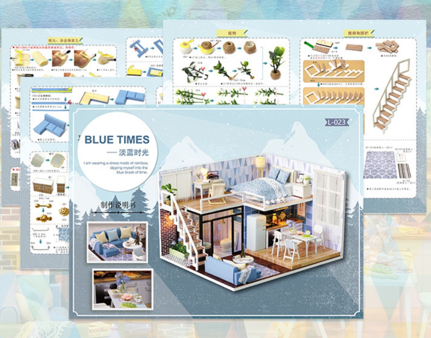 บ้านจำลอง2ชั้นสไตล์ญี่ปุ่นธีมสีฟ้าสำหรับนักประดิษฐ์และนักสะสมโมเดลยอดฮิต