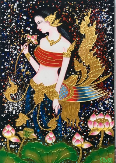 ภาพกินรีบนกรอบผ้าใบ ภาพเอกลักษณ์ไทย ภาพคลาสสิค ภาพวาดวินเทจ