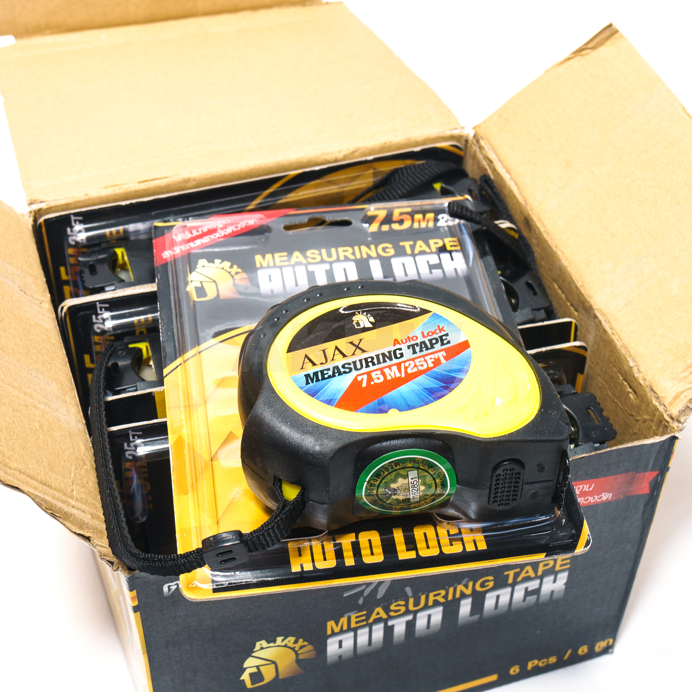 ตลับเมตร AJAX รุ่นออโต้ล็อค ขนาด 5/7.5เมตร หุ้มยาง แข็งแรงทนทาน ได้รับมาตรฐานสำนักงานกลางชั่งตวงวัด [ขายส่ง]