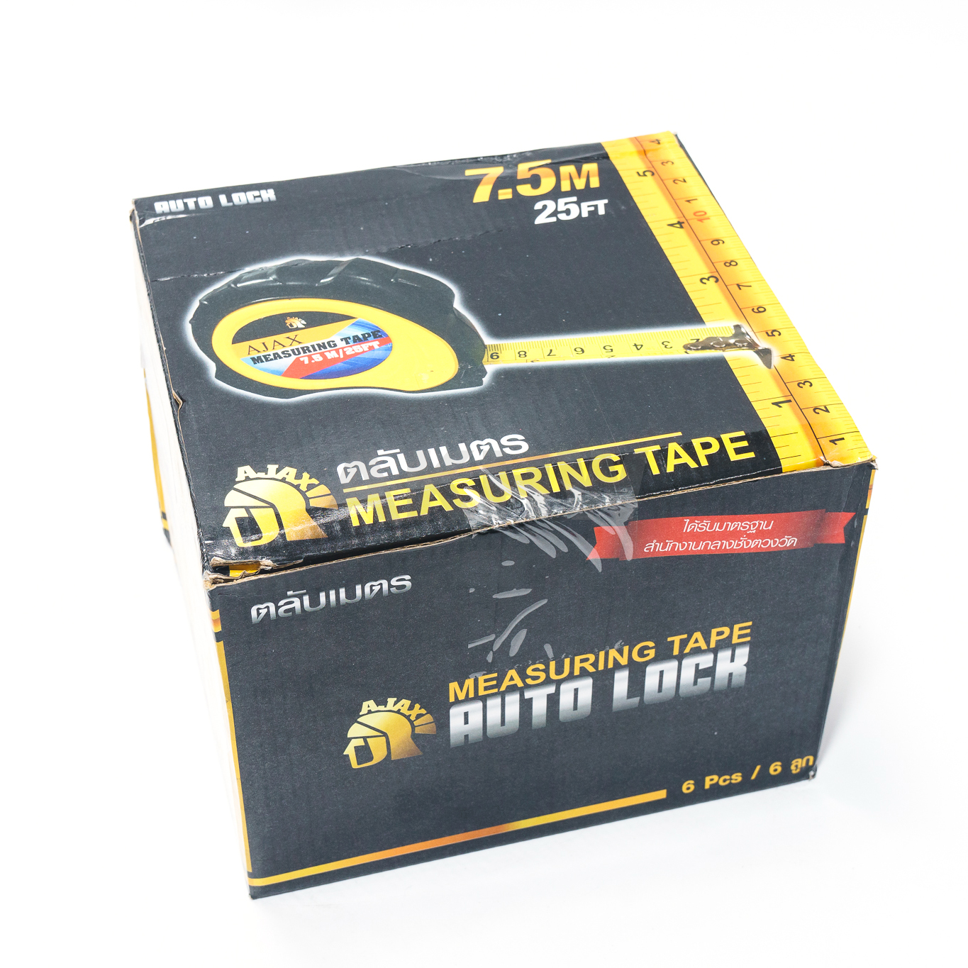 ตลับเมตร AJAX รุ่นออโต้ล็อค ขนาด 5/7.5เมตร หุ้มยาง แข็งแรงทนทาน ได้รับมาตรฐานสำนักงานกลางชั่งตวงวัด [ขายส่ง]