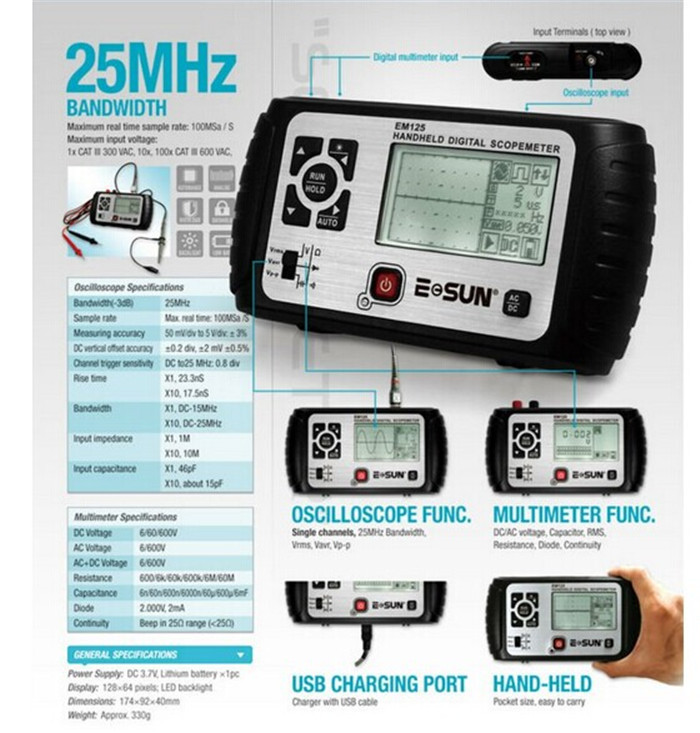 EM125 25MHz 2 in1 Mini Handheld Digital Oscilloscope + Multimeter