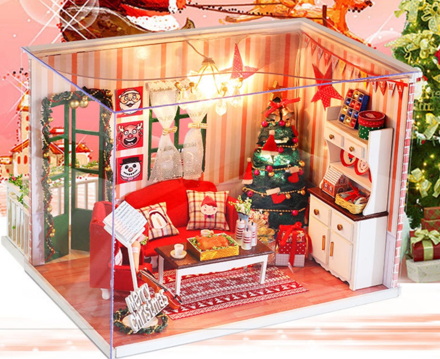 โมเดลบ้านจิ๋วจำลองเทศกาลปาร์ตี้ Merry Christmas ธีมสีแดงสไตล์ยุโรป